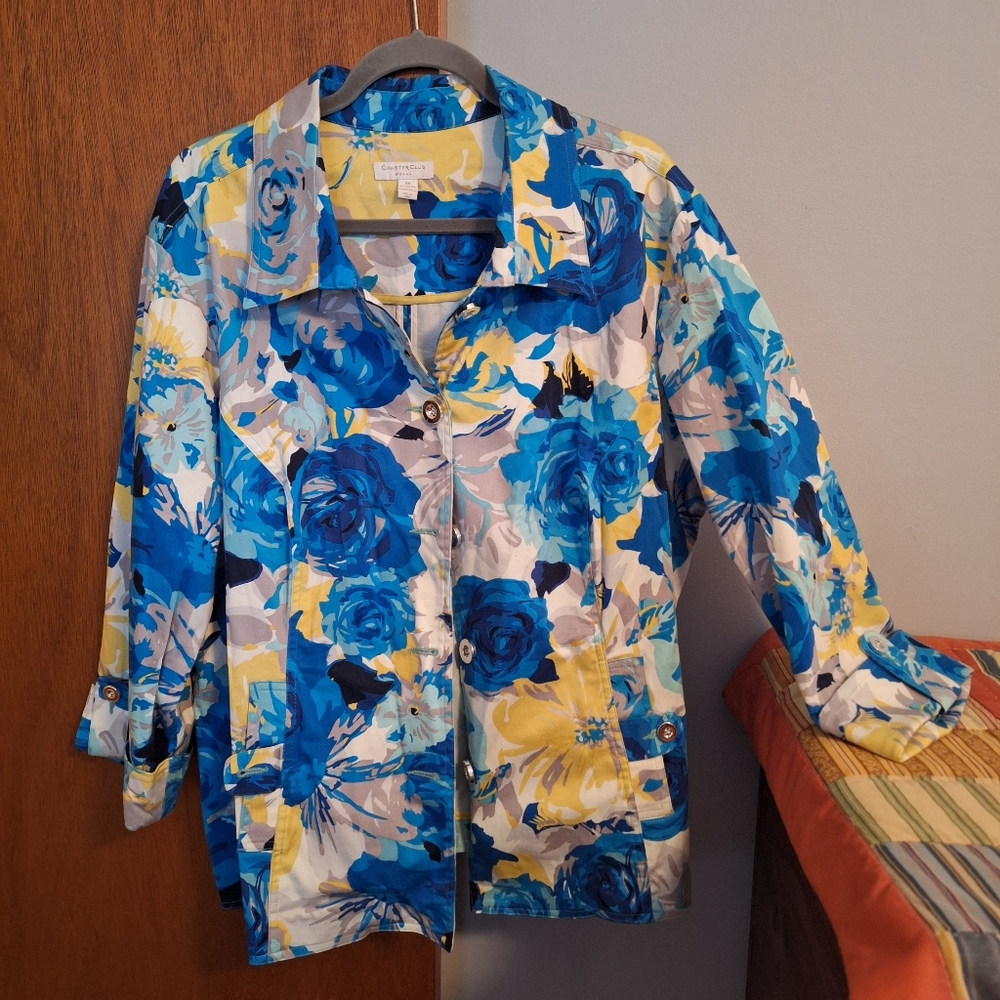 Charter Club Cottagecore Floral Jacket in Blue, Yellow & White Women's Size 3X